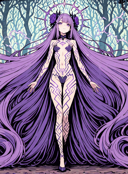 anime girl, long purple hair, forest, trees, magic circle