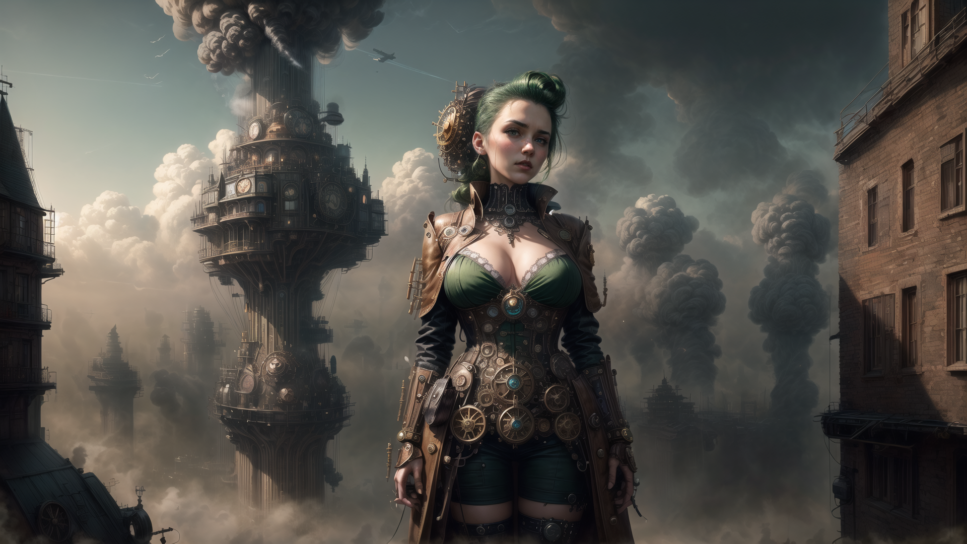 AI generated wallpaper featuring woman, steampunk, cityscape