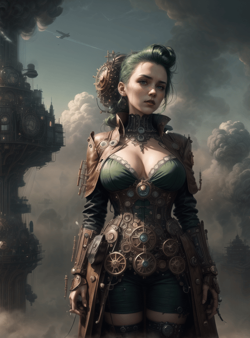 woman, steampunk, cityscape