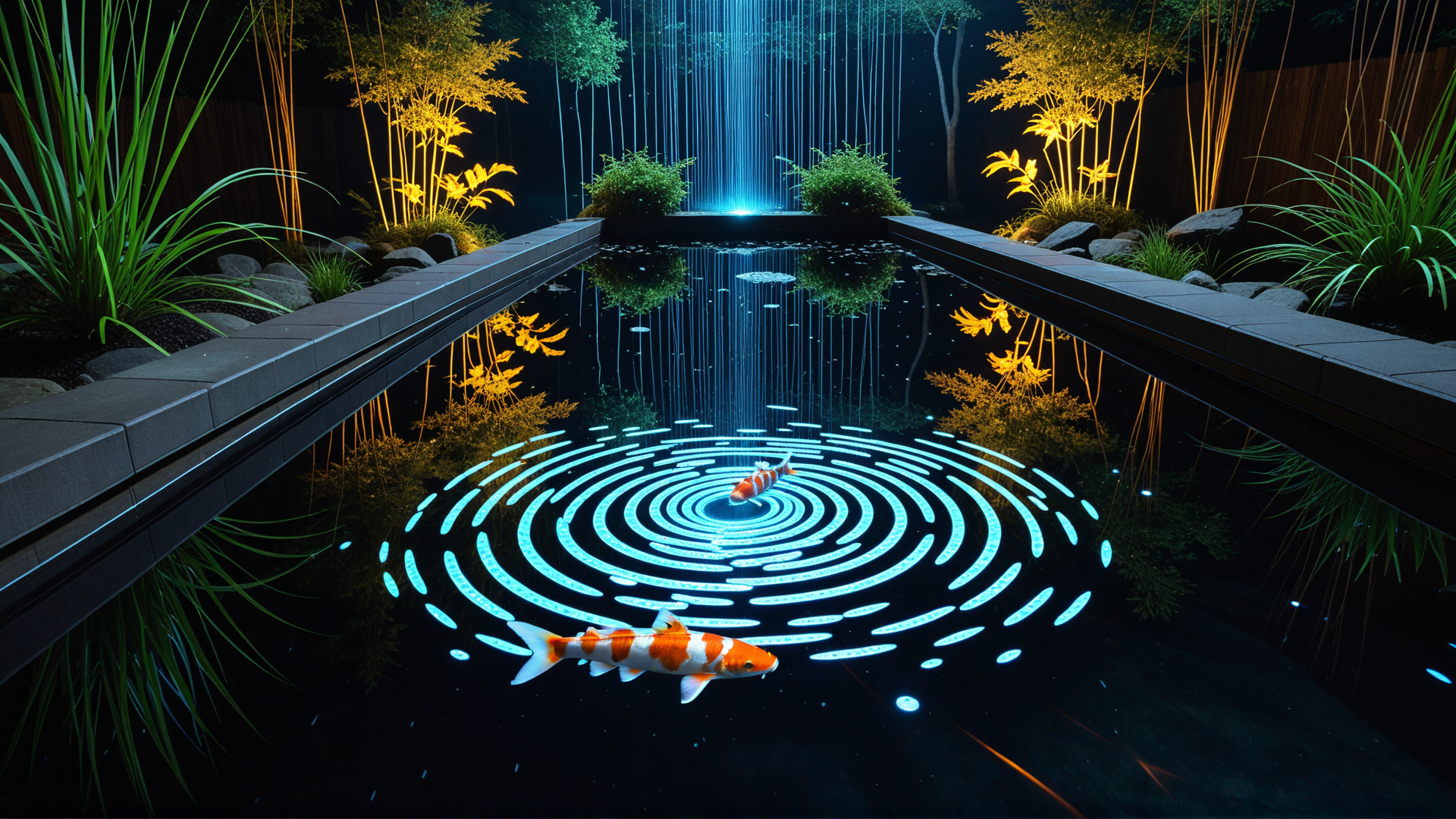 AI generated wallpaper featuring koi fish, water, plants, fountain, light patterns, pond, trees, rocks, reflections, aquatic life