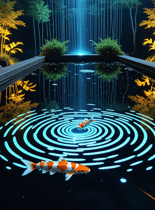 koi fish, water, plants, fountain, light patterns, pond, trees, rocks, reflections, aquatic life