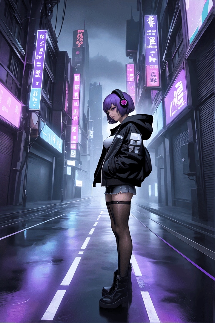AI generated wallpaper featuring girl, cyberpunk, neon, city, street, headphones, jacket, shorts, stockings, boots