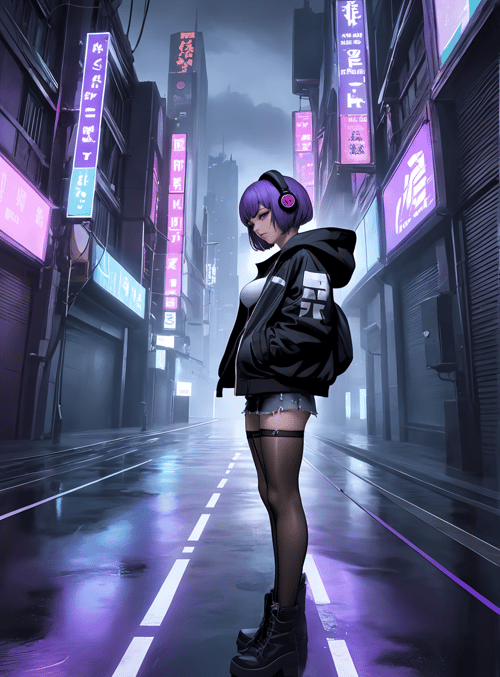 girl, cyberpunk, neon, city, street, headphones, jacket, shorts, stockings, boots