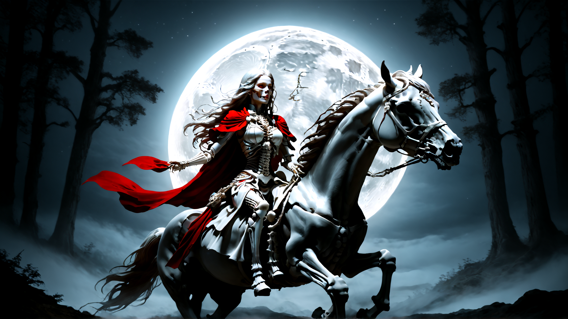 AI generated wallpaper featuring skeleton, woman, horse, moon, trees, cape