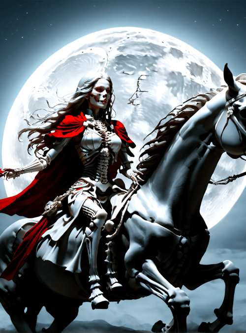 skeleton, woman, horse, moon, trees, cape