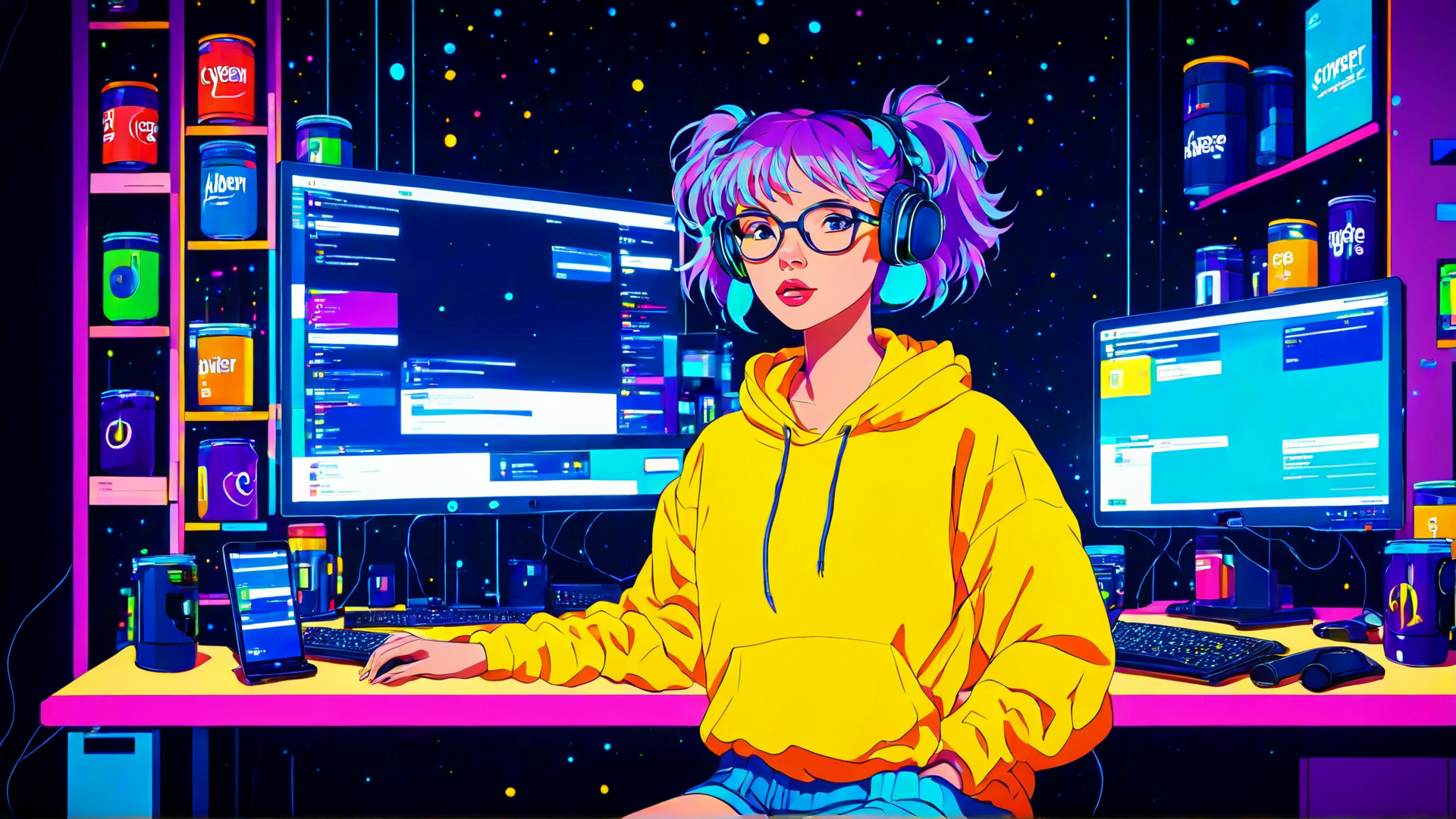 AI generated wallpaper featuring girl, headphones, computer, monitor, keyboard, cans, shelf