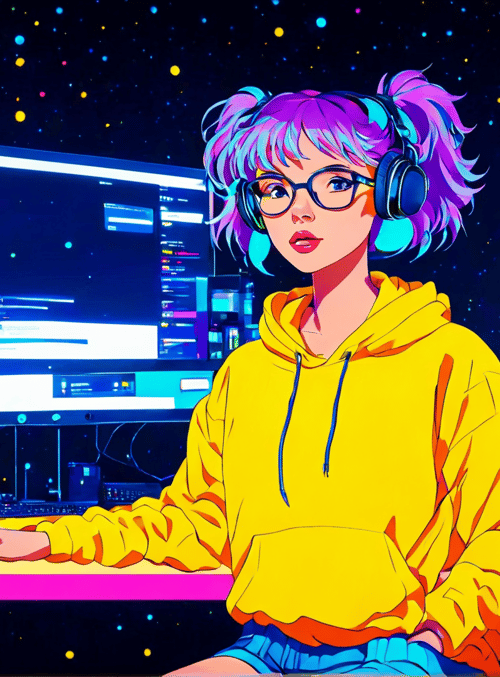 girl, headphones, computer, monitor, keyboard, cans, shelf
