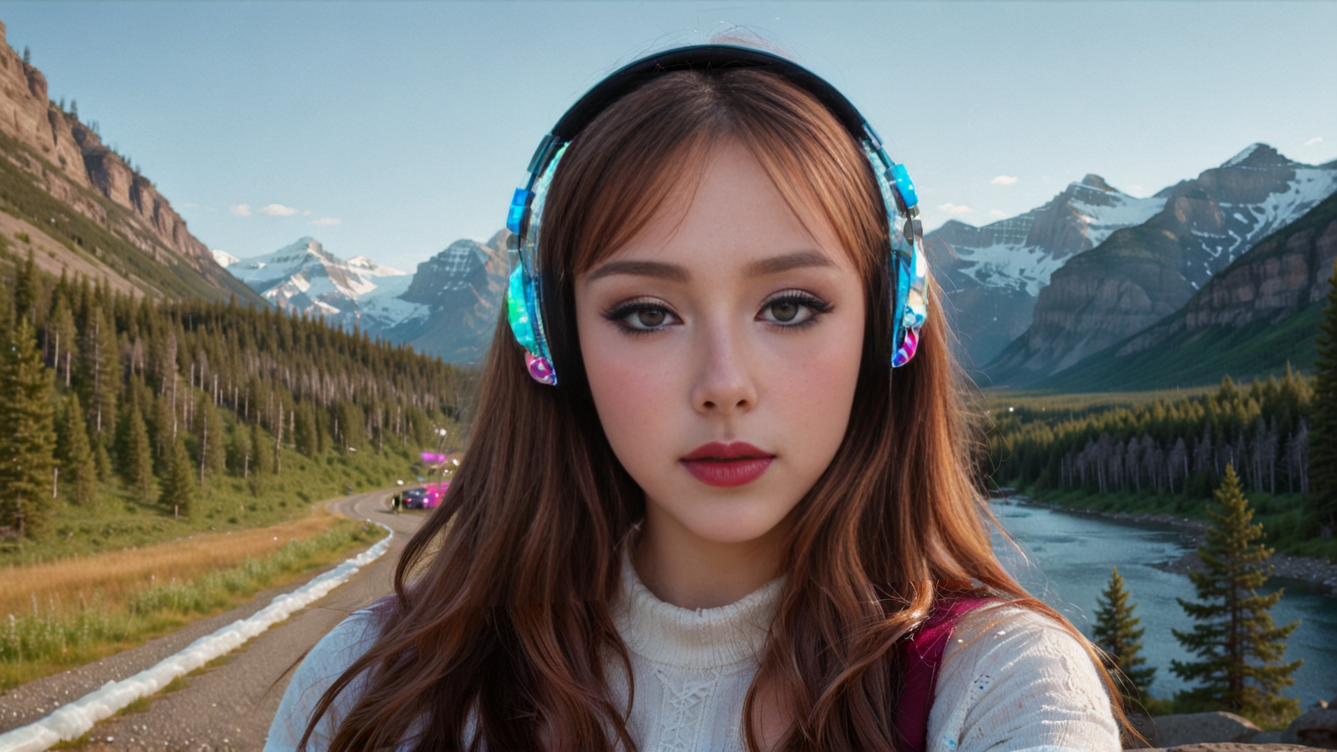 AI generated wallpaper featuring woman, headphones, mountains