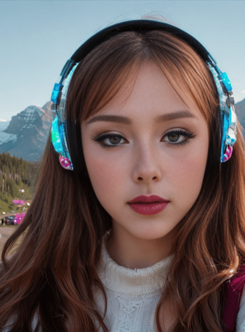 woman, headphones, mountains