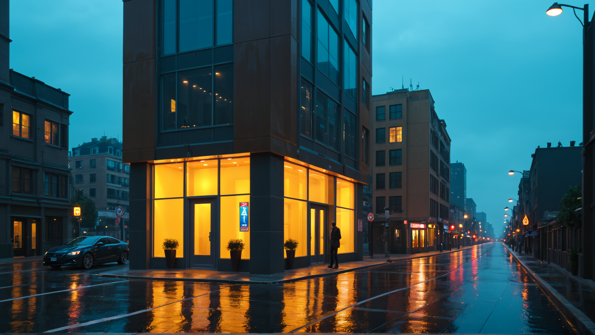 AI generated wallpaper featuring building, street, car, person, window, streetlight, potted plant, sign, road, reflection