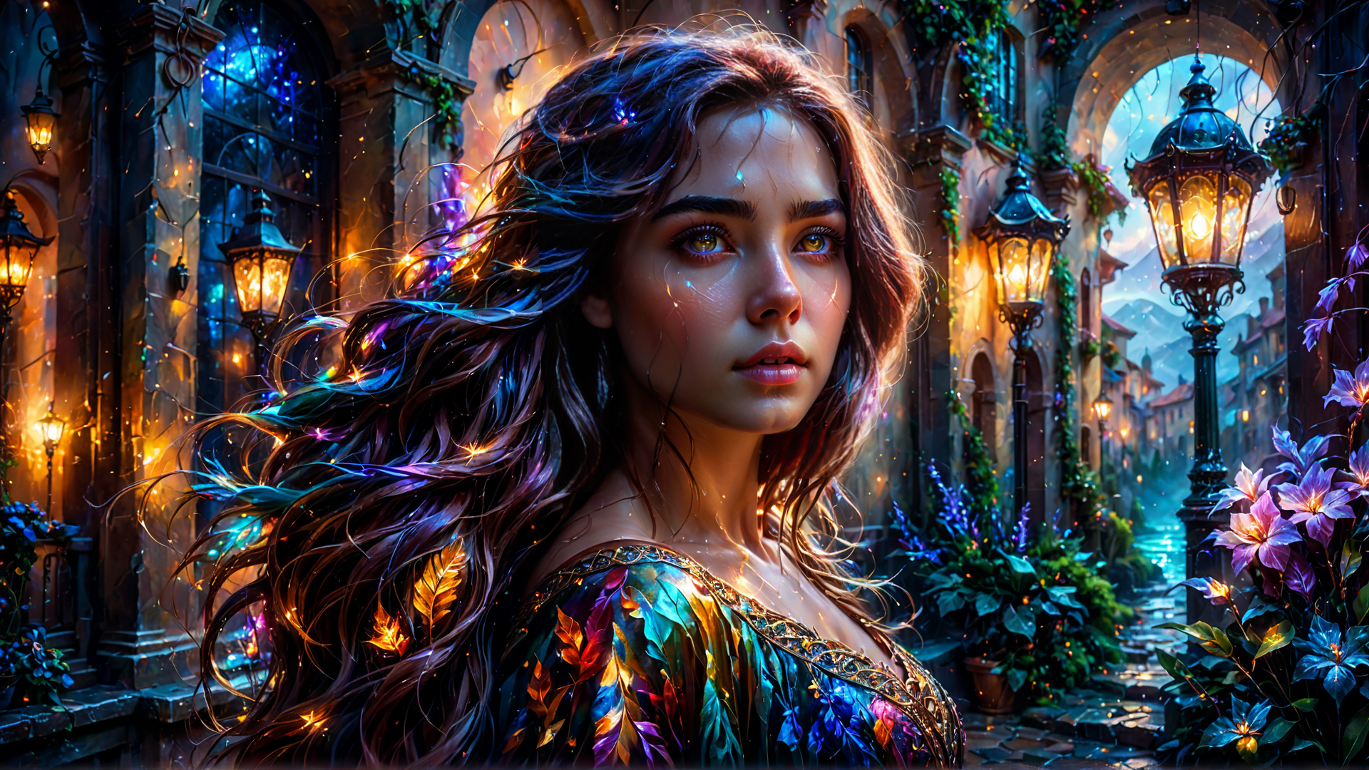 AI generated wallpaper featuring woman, street, lantern