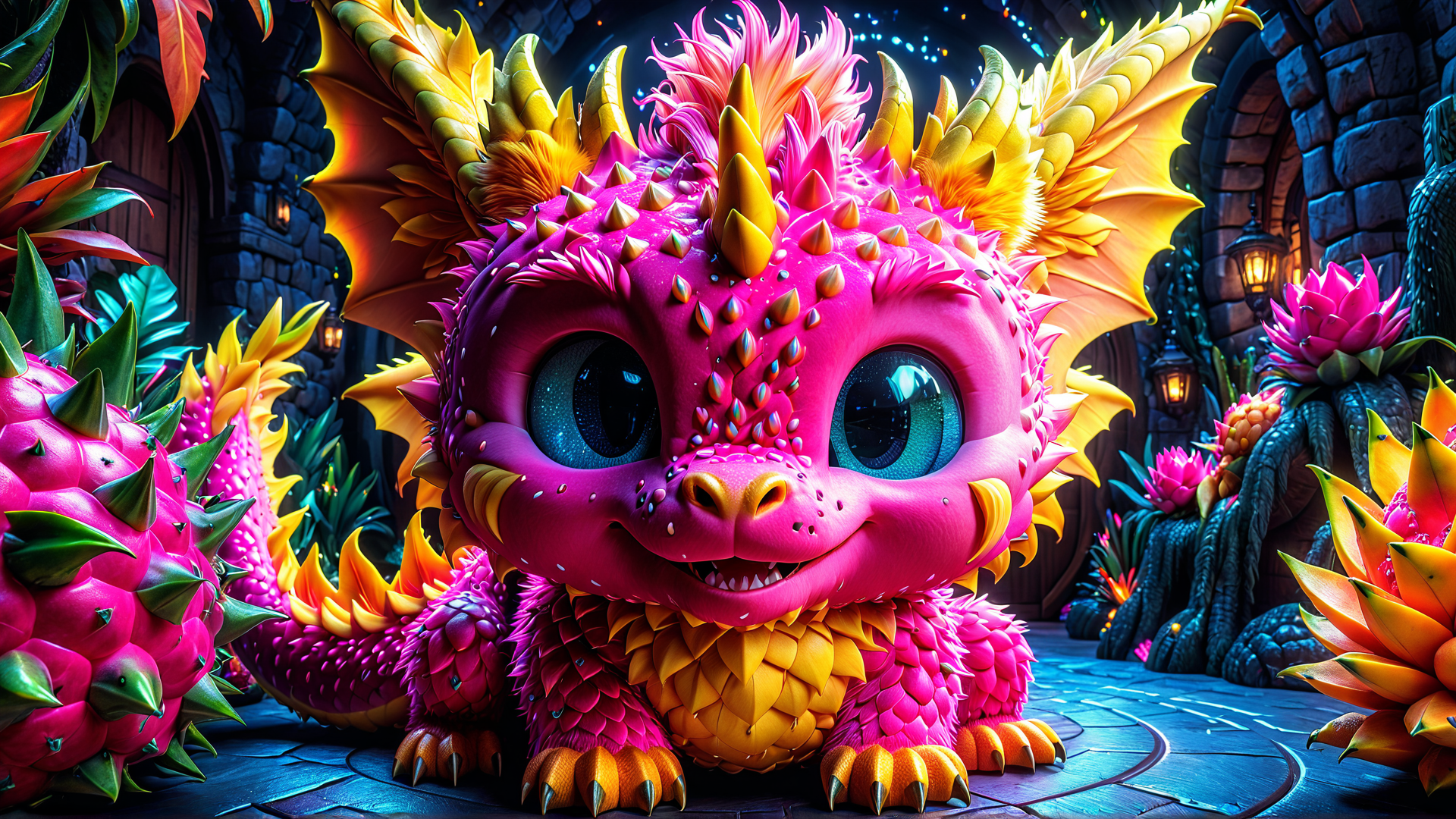 AI generated wallpaper featuring dragon, plant, castle