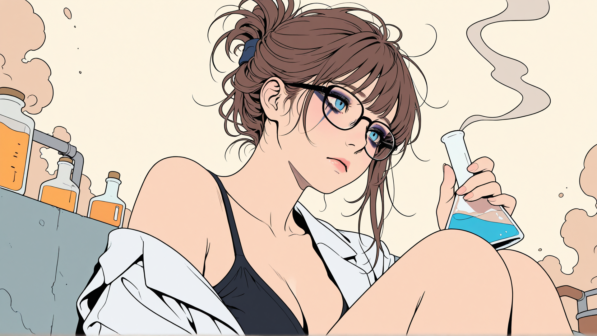 AI generated wallpaper featuring woman, scientist, laboratory, bottle, glass, vapor, chemical