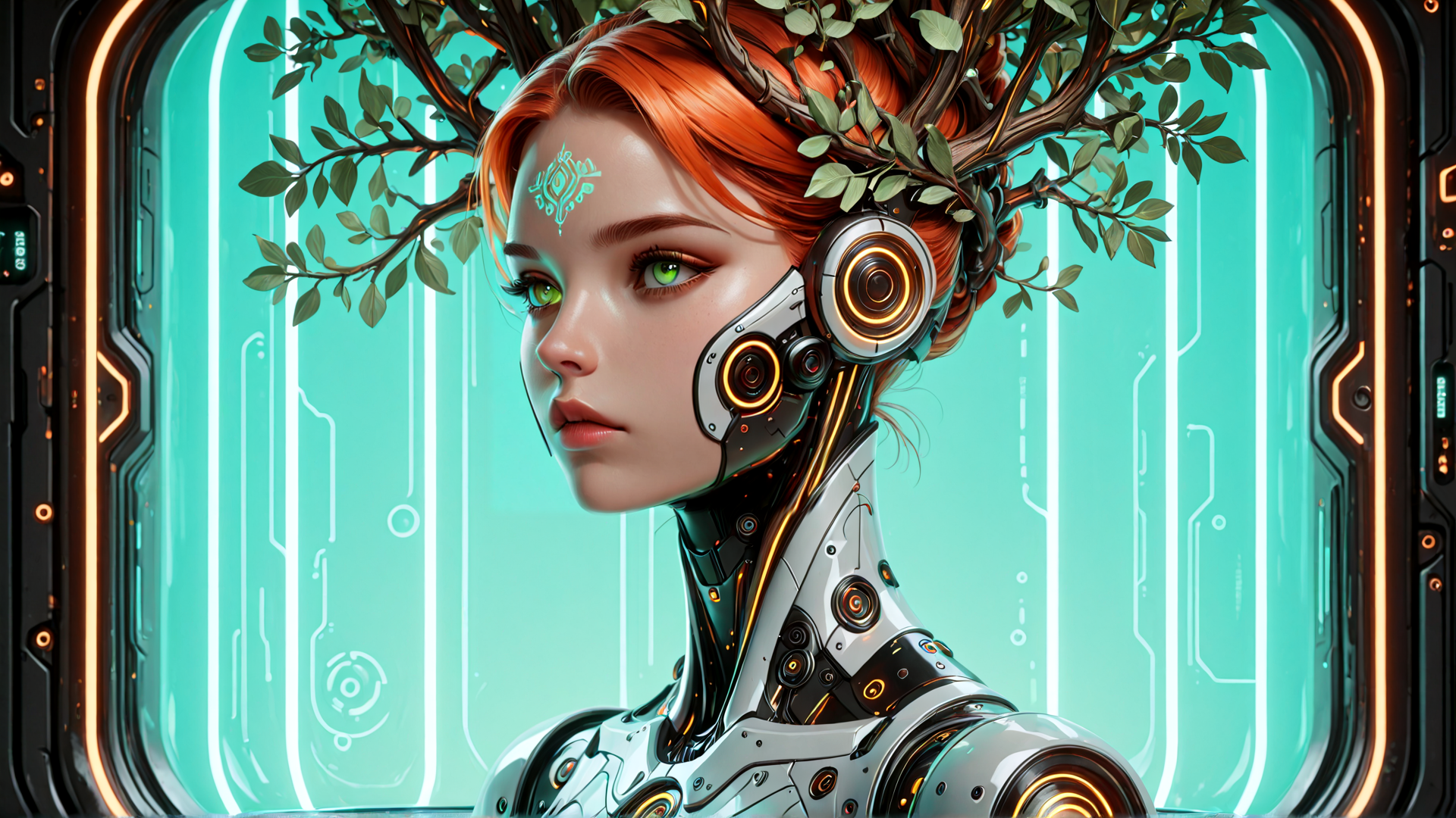 AI generated wallpaper featuring cyborg, tree, woman, robot, human, machine