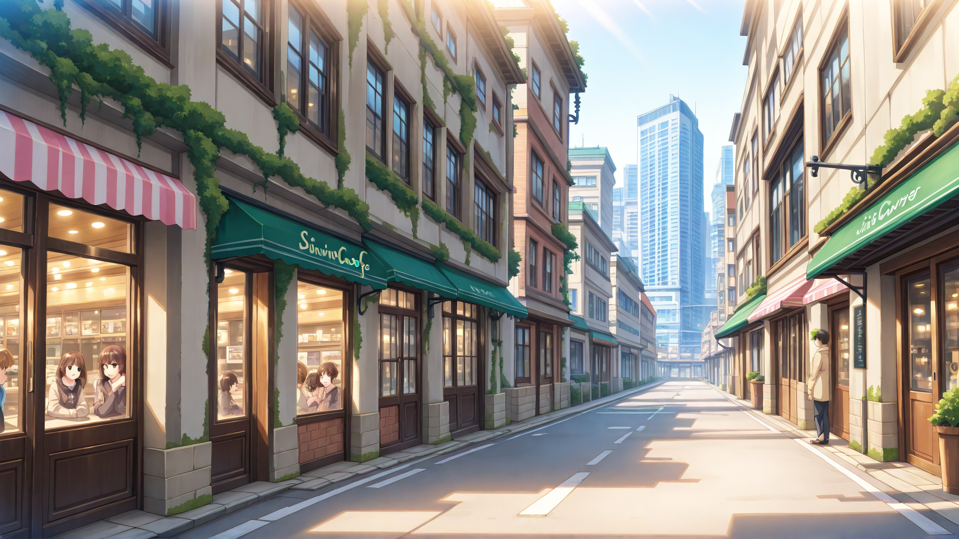 AI generated wallpaper featuring street, cafes, buildings