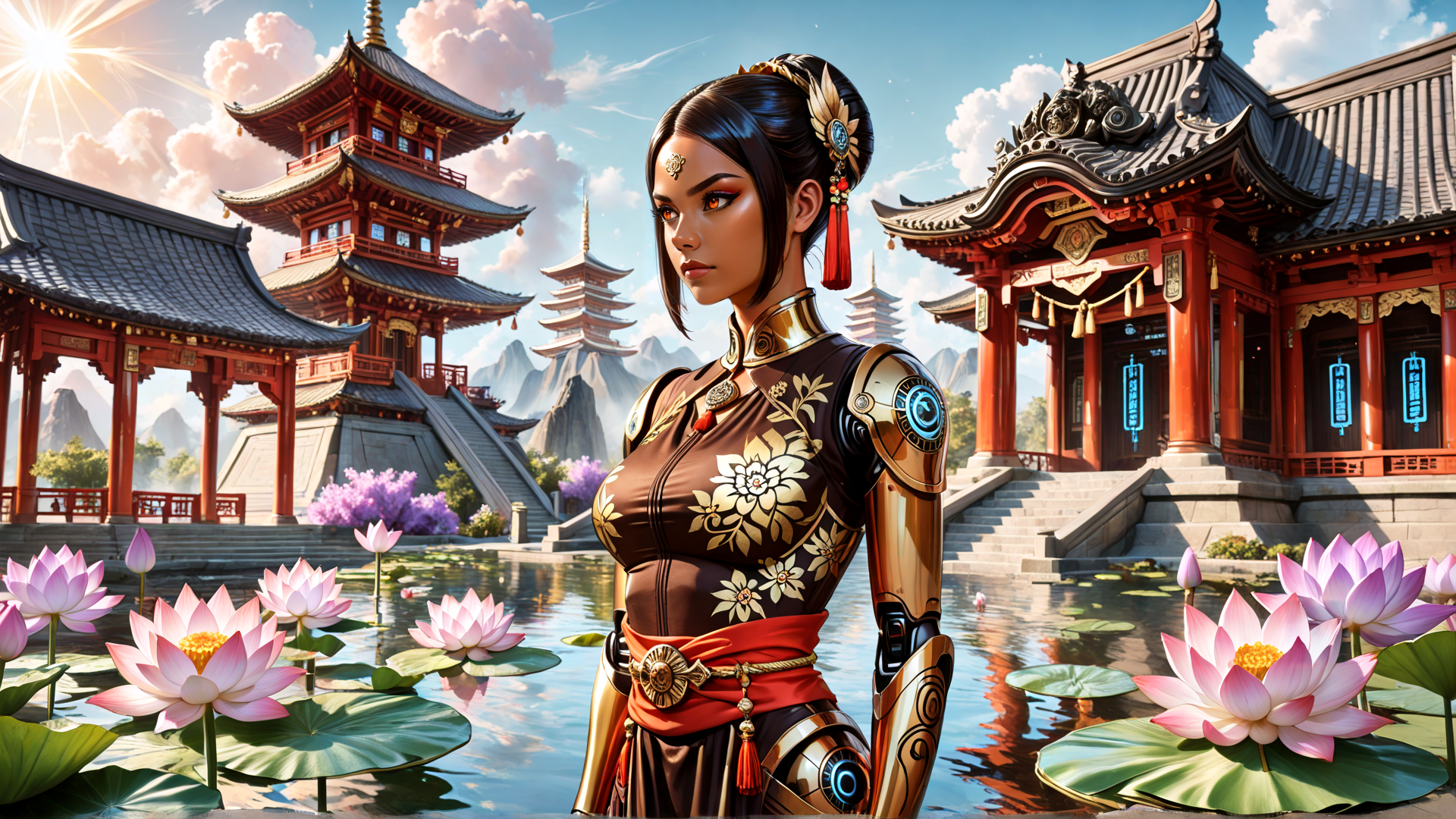 AI generated wallpaper featuring woman, lotus, pagoda, armor, building, flower, garden, mandarin, chinese, robot