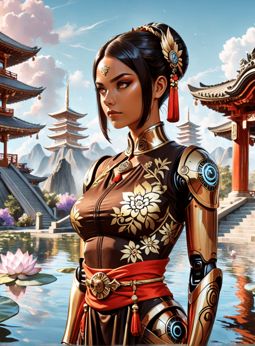 woman, lotus, pagoda, armor, building, flower, garden, mandarin, chinese, robot