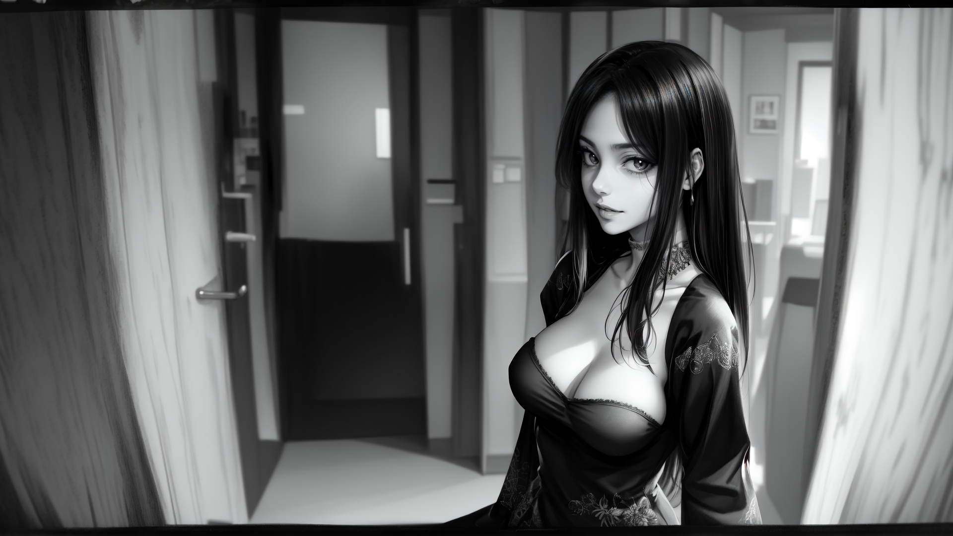 AI generated wallpaper featuring woman, curtains, doorway