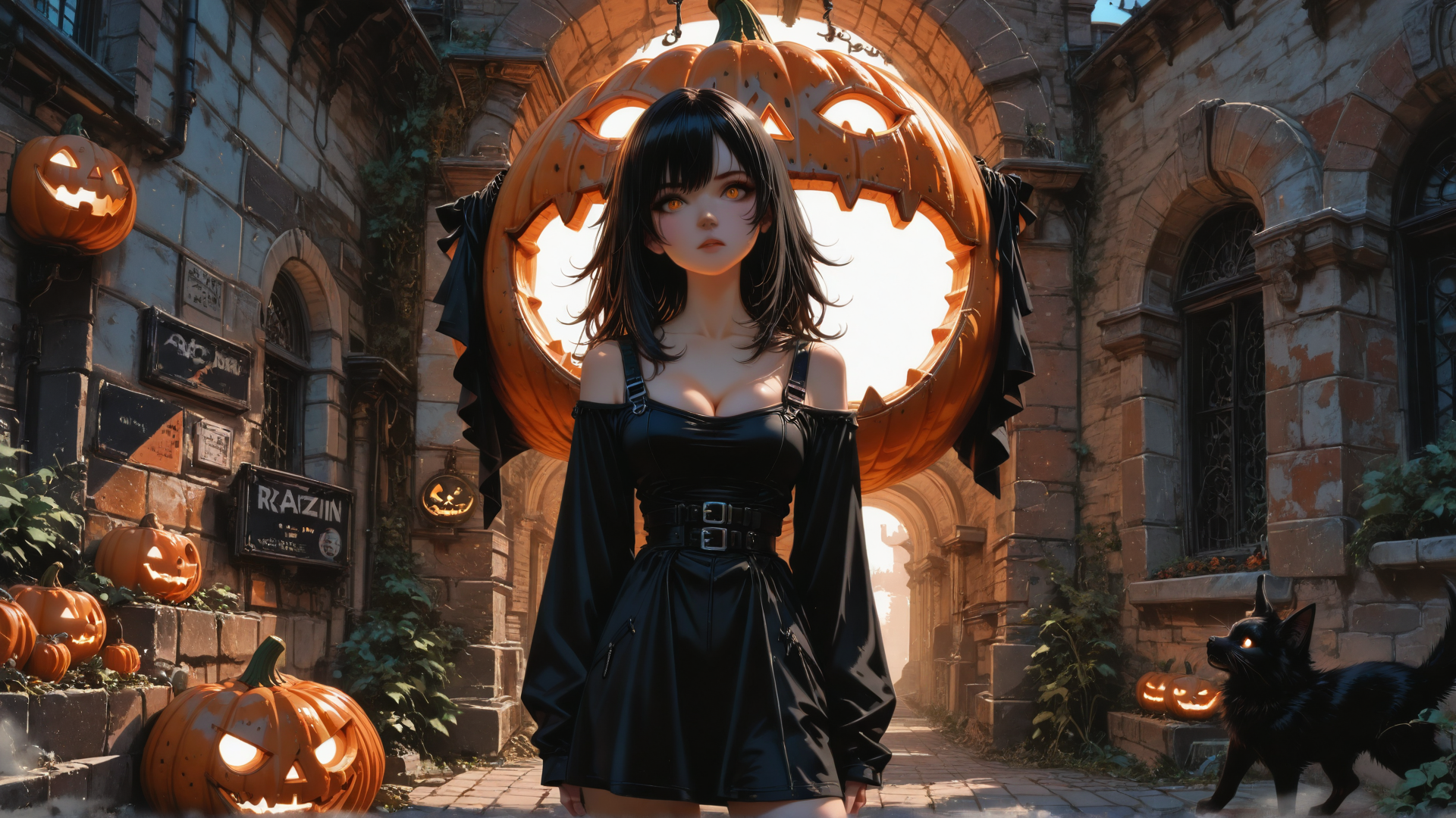 AI generated wallpaper featuring girl, pumpkin, cat, building, lantern, dress, stone, arch, plant, sign