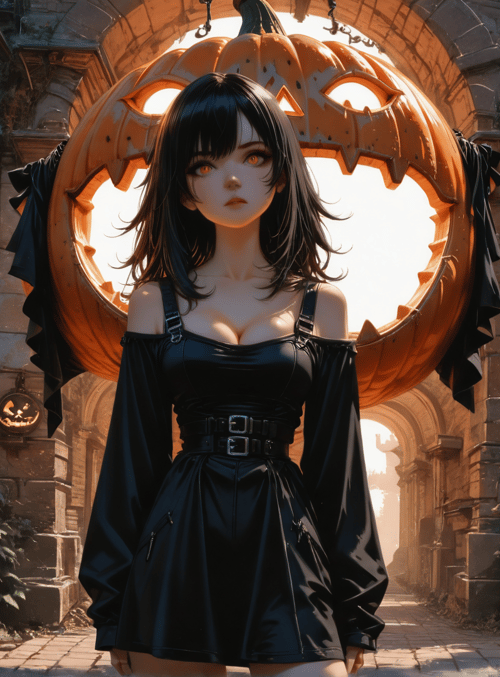 girl, pumpkin, cat, building, lantern, dress, stone, arch, plant, sign