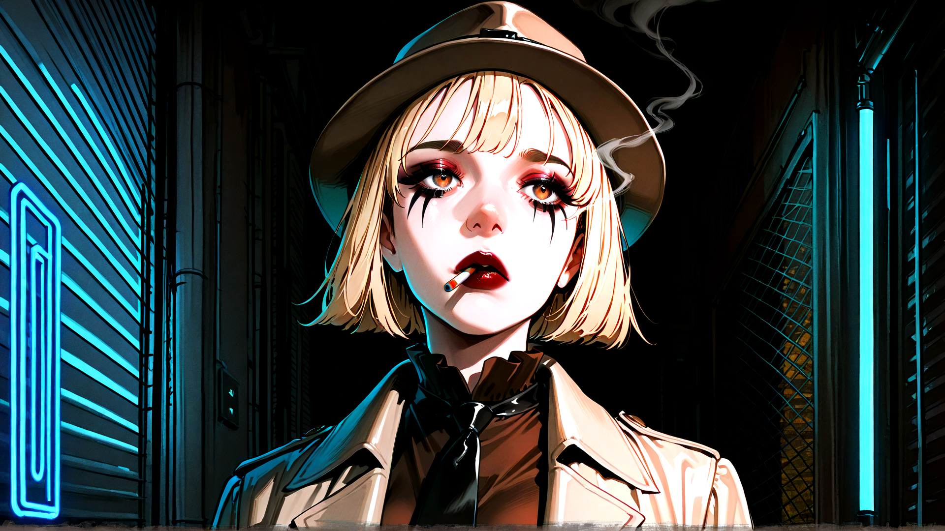 AI generated wallpaper featuring woman, hat, cigarette, coat, neon, street