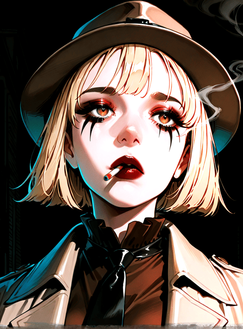 woman, hat, cigarette, coat, neon, street