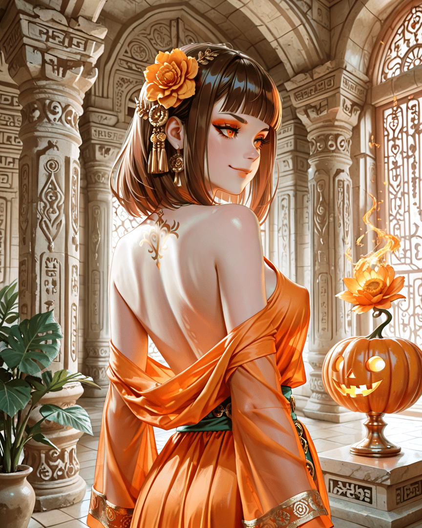AI generated wallpaper featuring woman, pumpkin, column, flower, dress, garden, lantern, tattoo, plant, candle