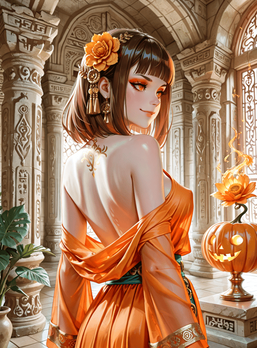 woman, pumpkin, column, flower, dress, garden, lantern, tattoo, plant, candle