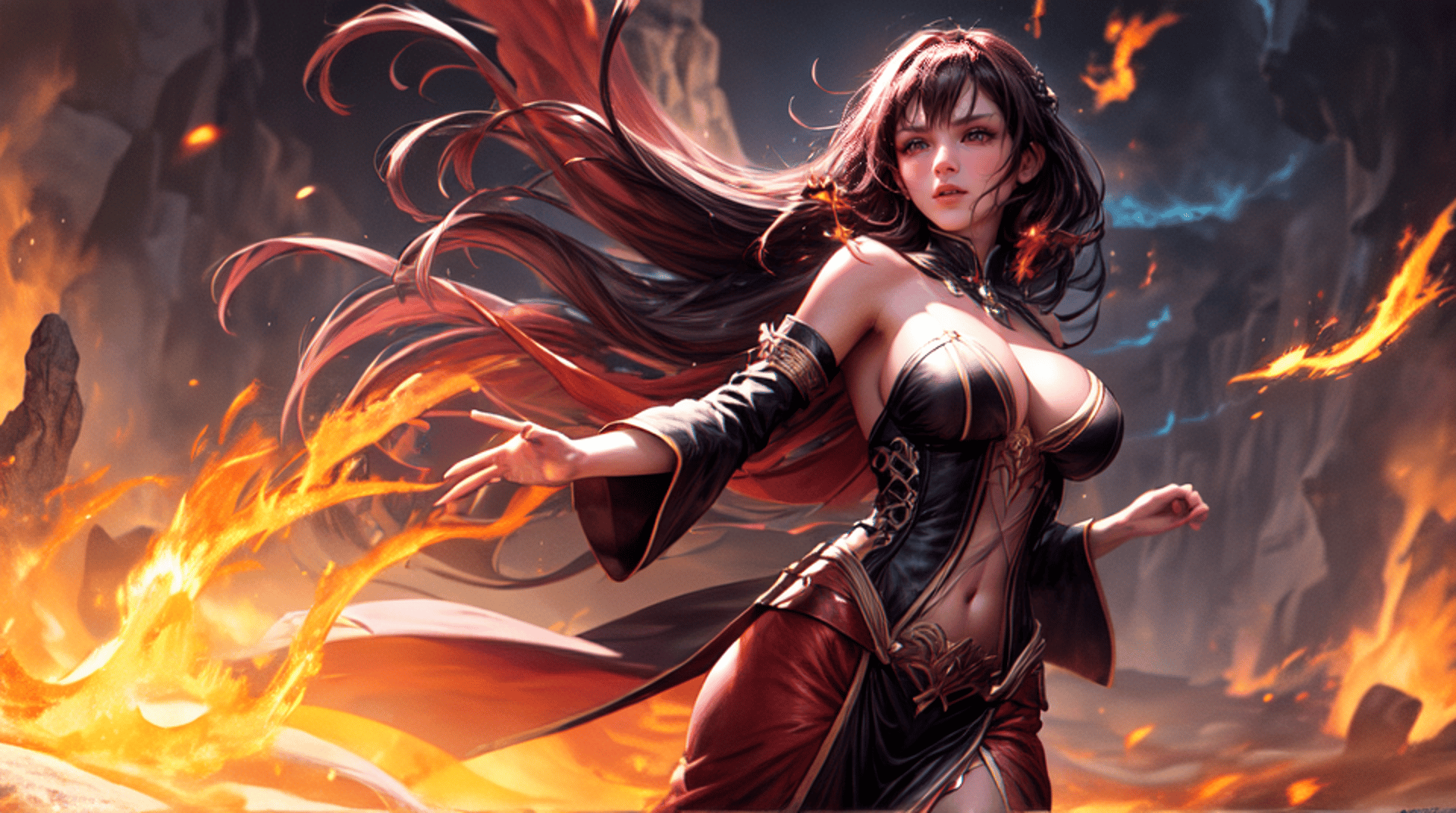 AI generated wallpaper featuring woman, fire, fantasy