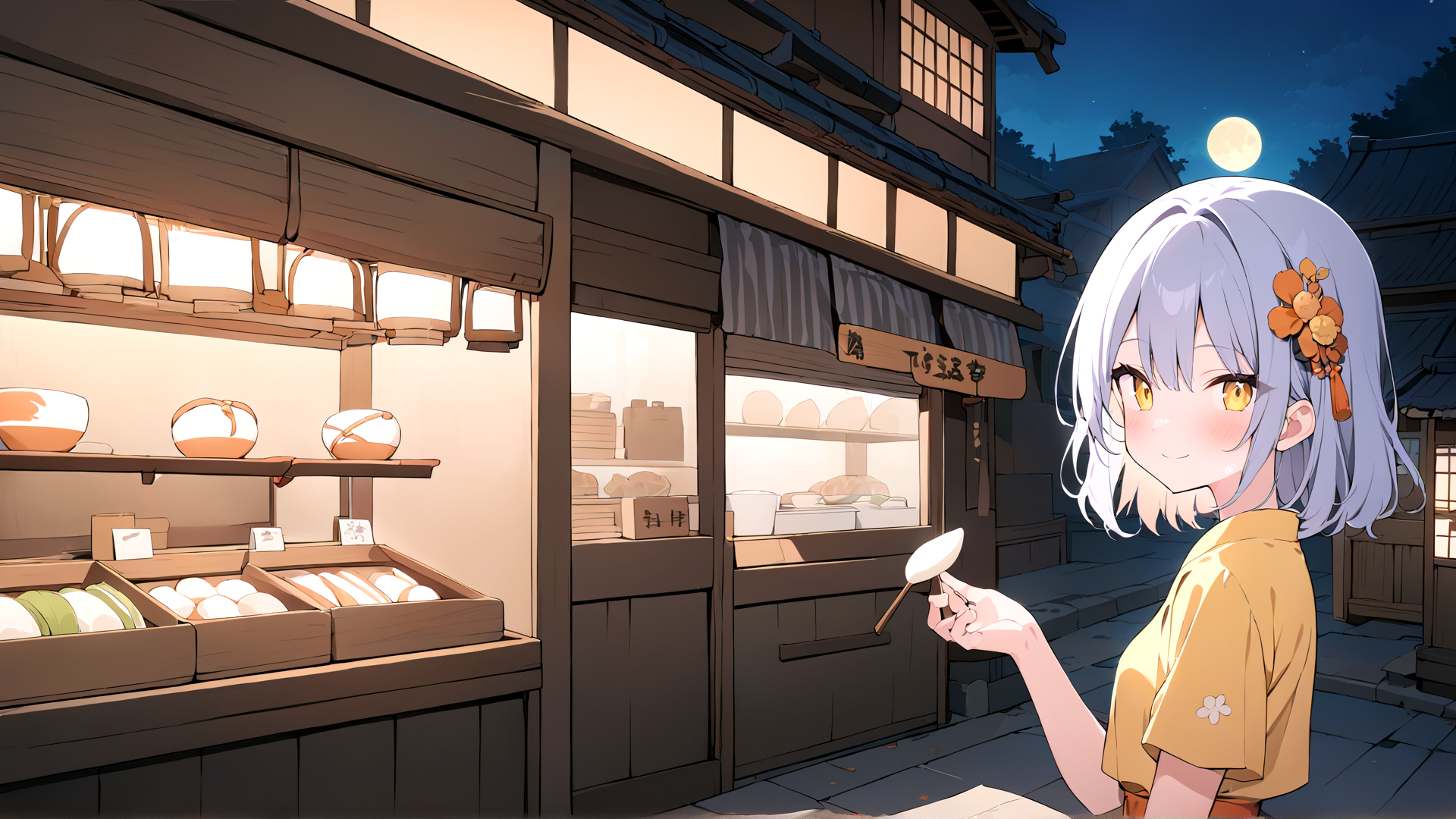 AI generated wallpaper featuring girl, shop, moon, bowl, sweets, store, food, building, street, lantern