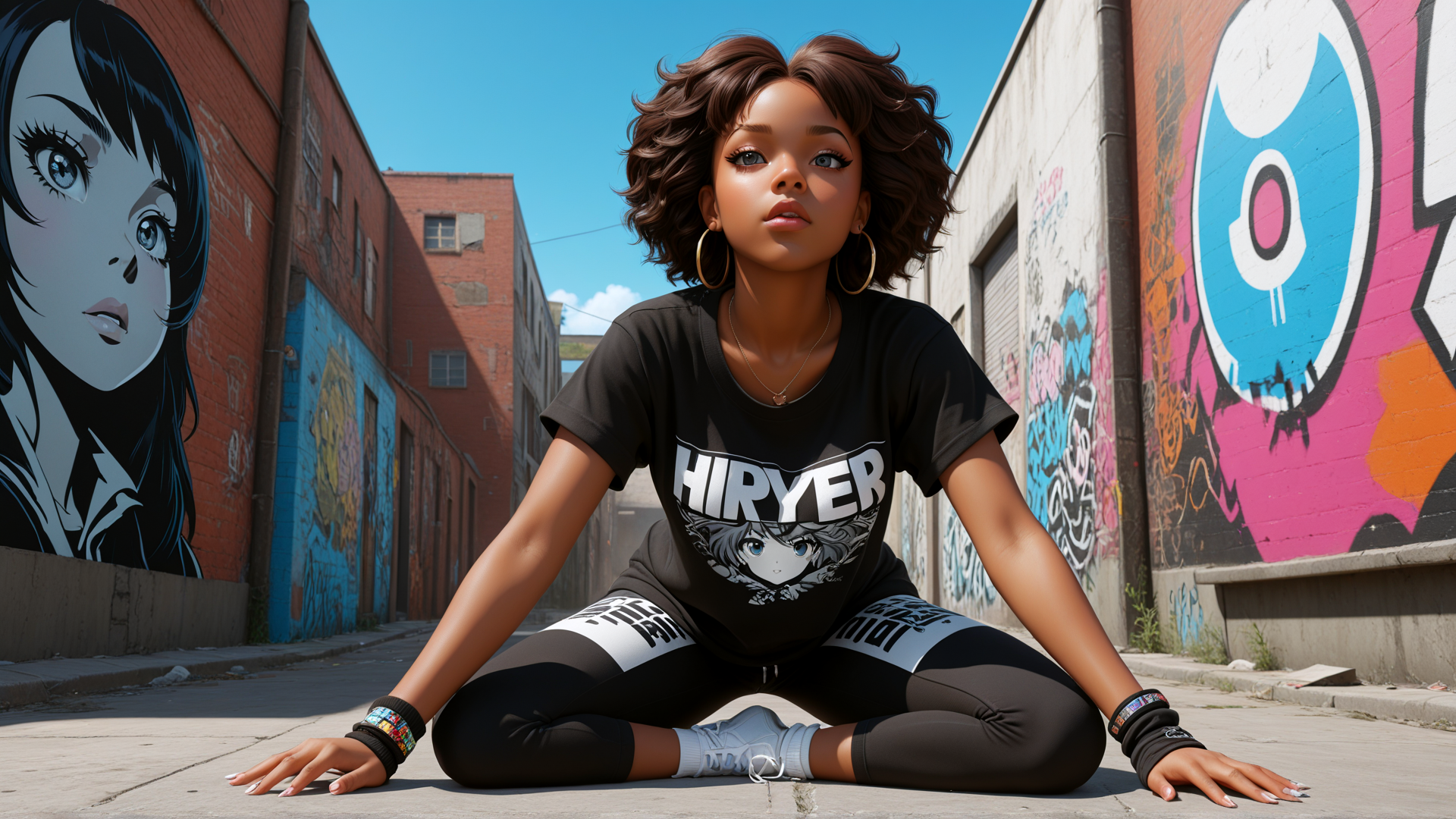 AI generated wallpaper featuring woman, graffiti, alley, streetwear, anime