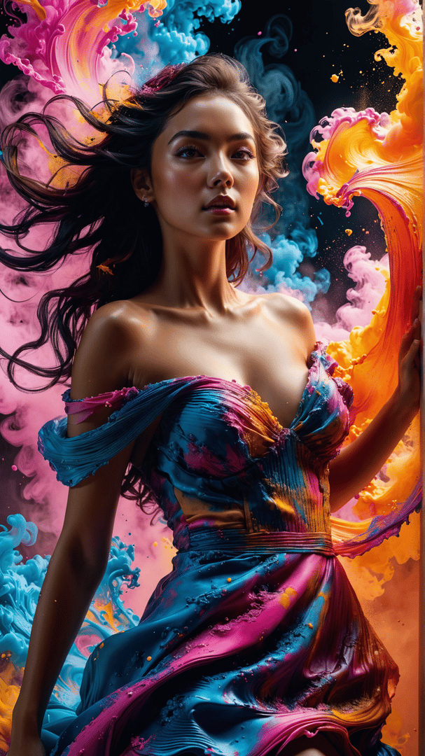 AI generated wallpaper featuring woman, dress, hair, ink, paint, smoke