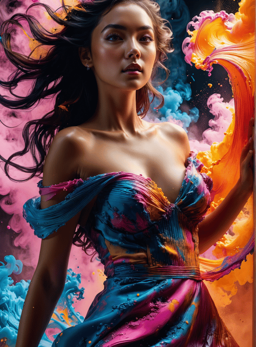 woman, dress, hair, ink, paint, smoke