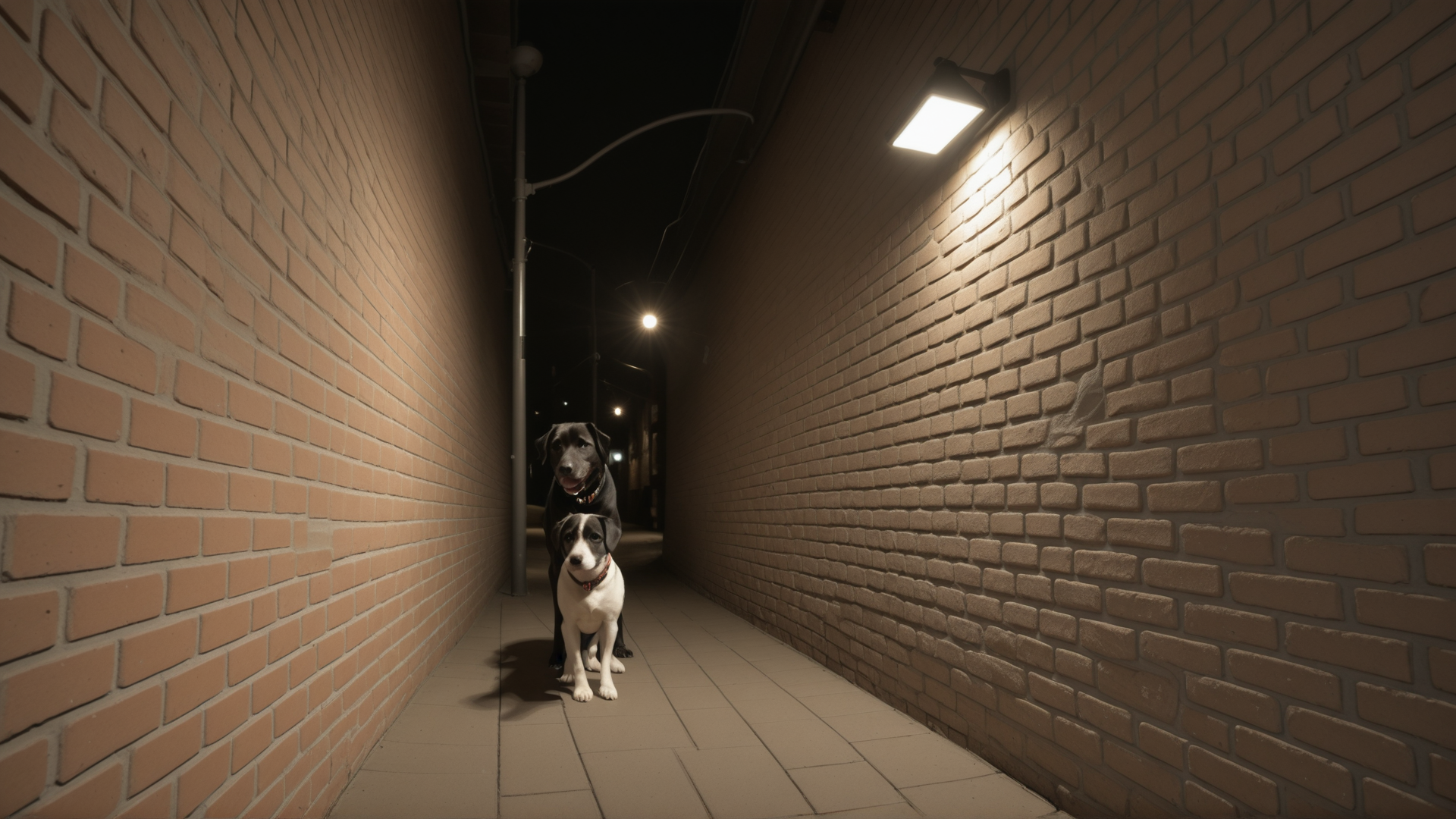 AI generated wallpaper featuring dog, alley, brick wall, streetlight, night