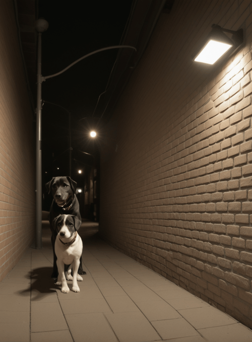 dog, alley, brick wall, streetlight, night