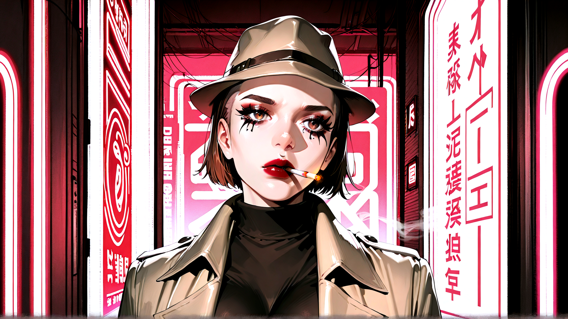 AI generated wallpaper featuring woman, hat, cigarette, coat, neon signs