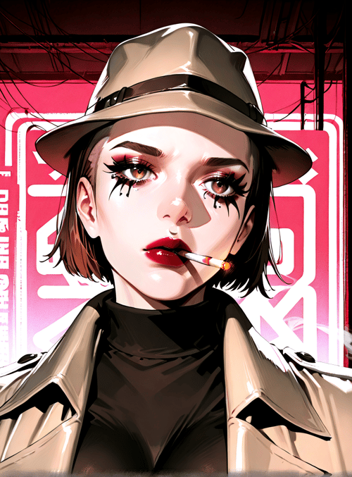 woman, hat, cigarette, coat, neon signs