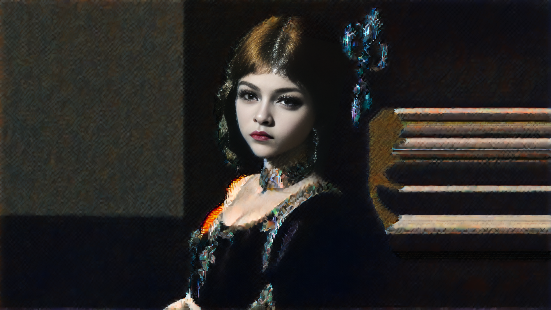 AI generated wallpaper featuring woman, dress, bench