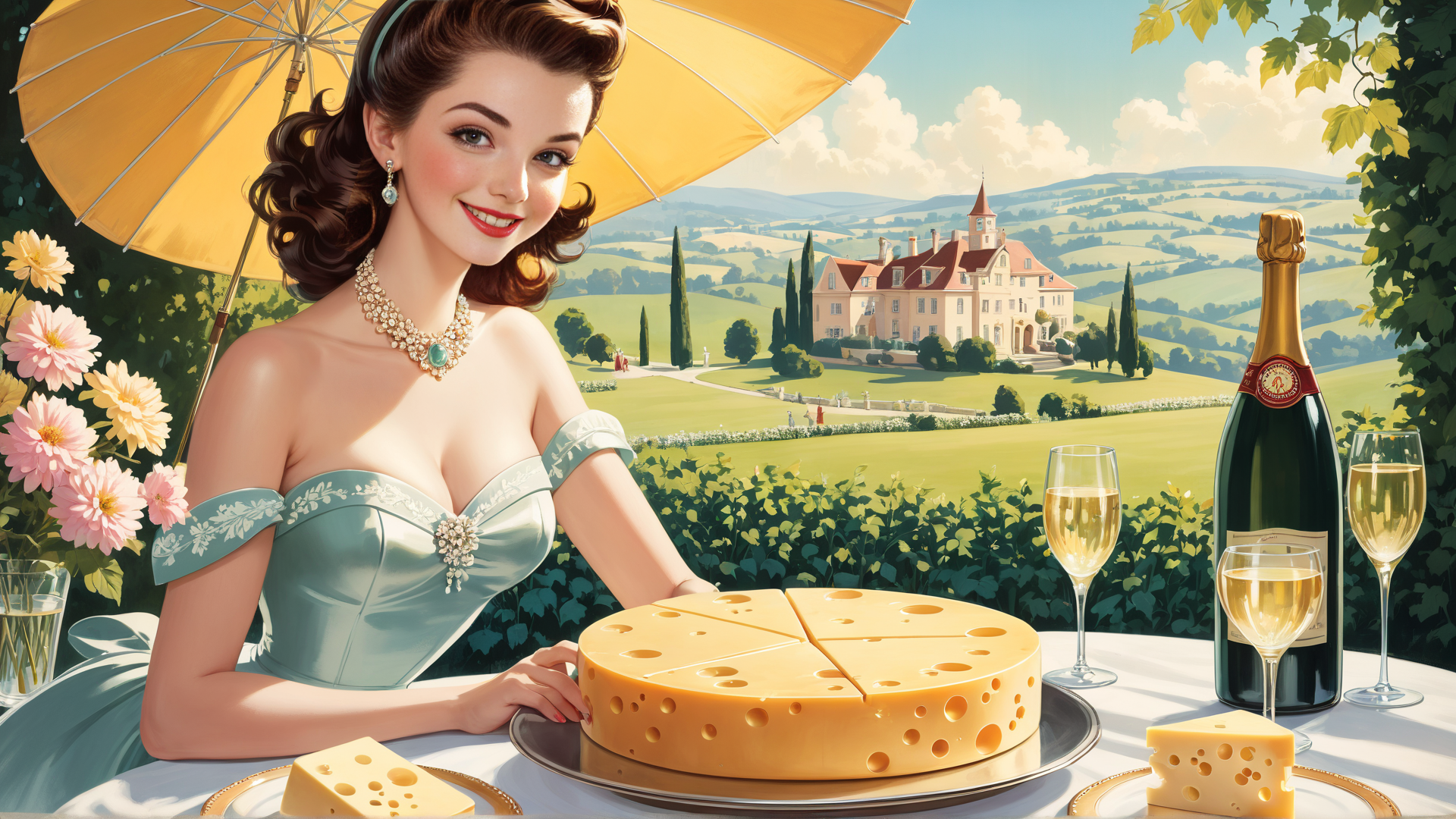 AI generated wallpaper featuring woman, cheese, wine