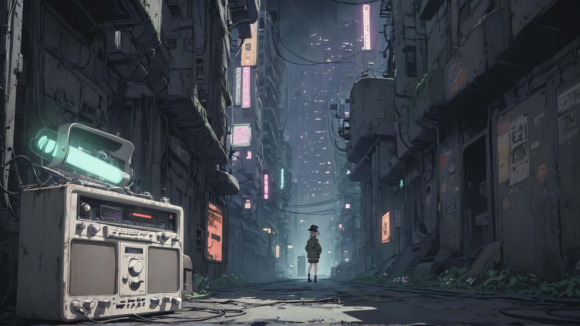 AI generated wallpaper featuring radio, girl, city