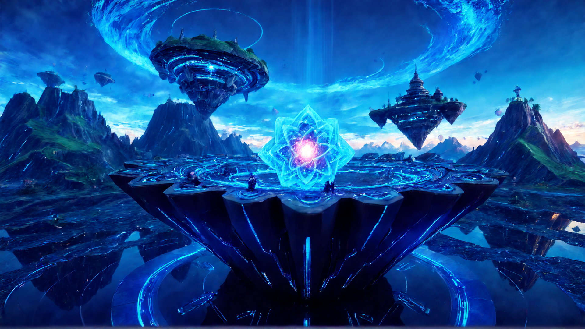 AI generated wallpaper featuring floating island, crystal structure, luminous sphere