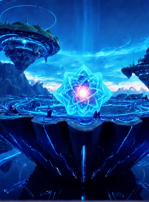 floating island, crystal structure, luminous sphere