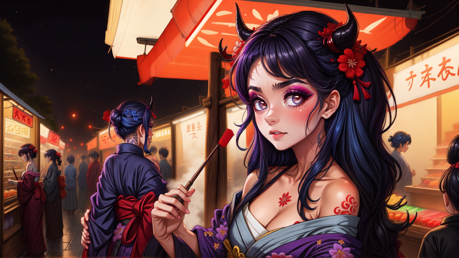 AI generated wallpaper featuring woman, yakitori, market, kimono, horns, tattoo, flower, food stall, ninja, crowd