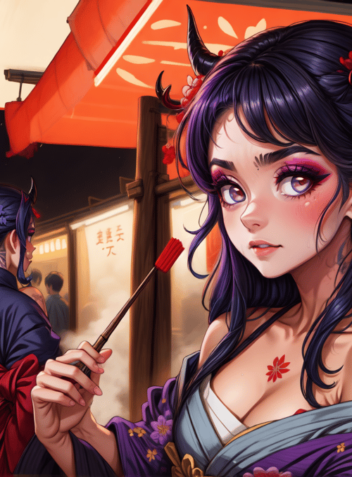 woman, yakitori, market, kimono, horns, tattoo, flower, food stall, ninja, crowd