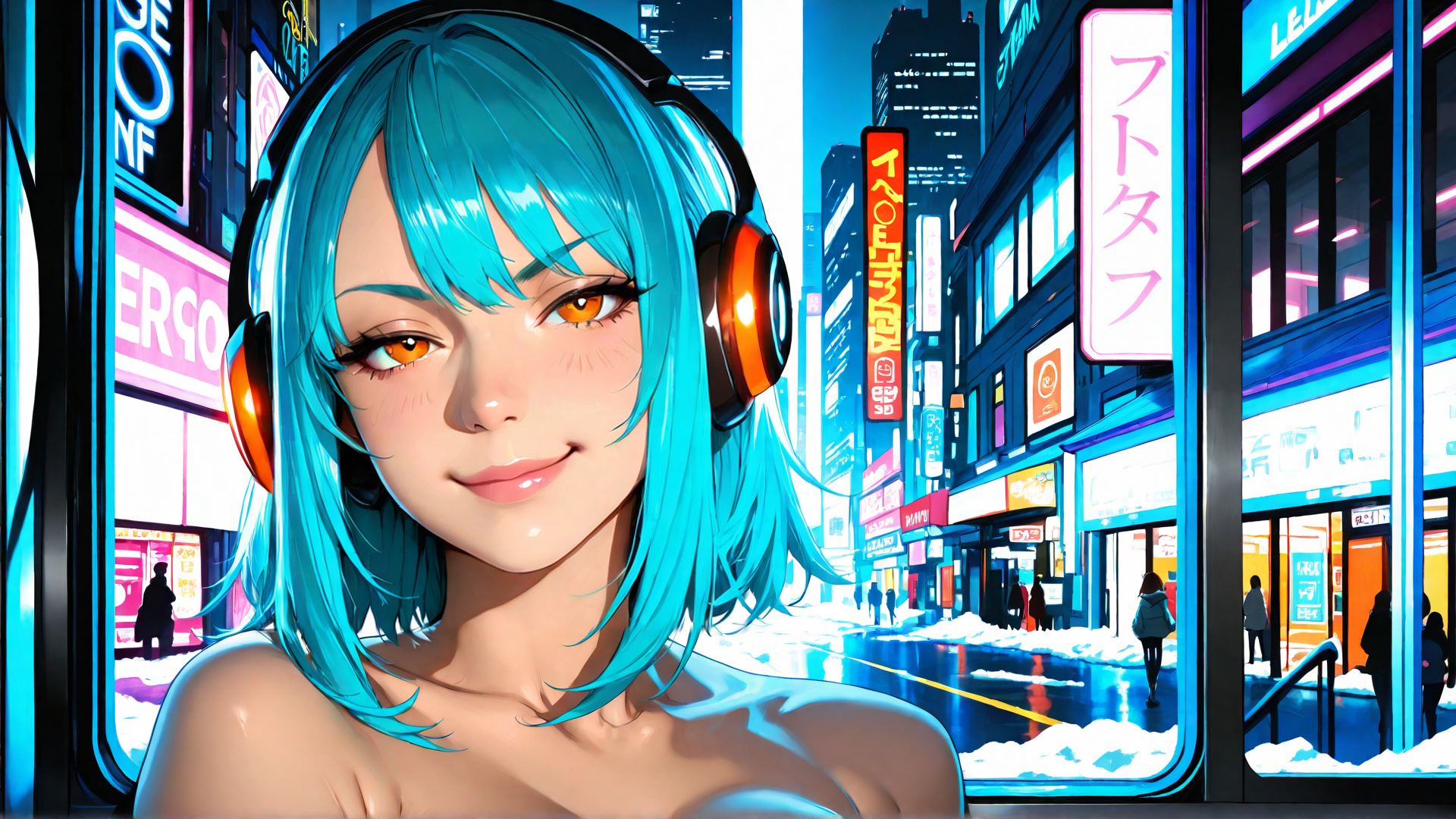 AI generated wallpaper featuring anime, girl, headphones, city, neon, signs, snow, street, buildings, people