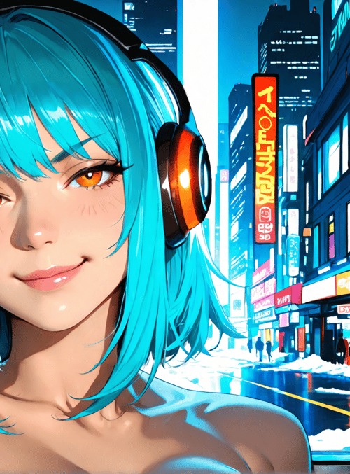 anime, girl, headphones, city, neon, signs, snow, street, buildings, people