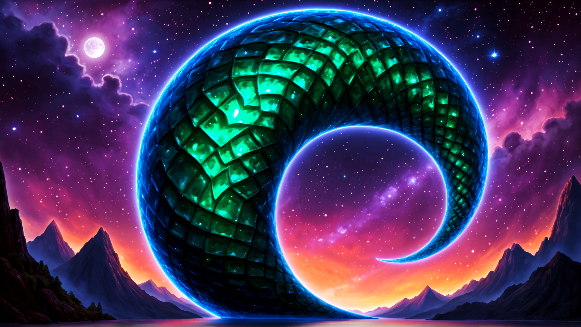 AI generated wallpaper featuring dragon, circle, mountain, moon, star, sky, water, nebula, cloud