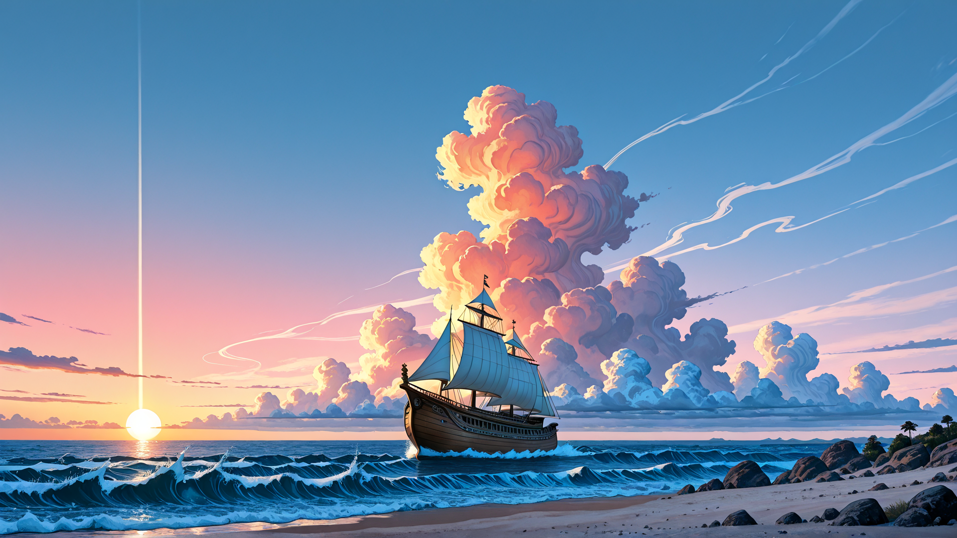 AI generated wallpaper featuring ship, ocean, sunset, clouds, beach, waves
