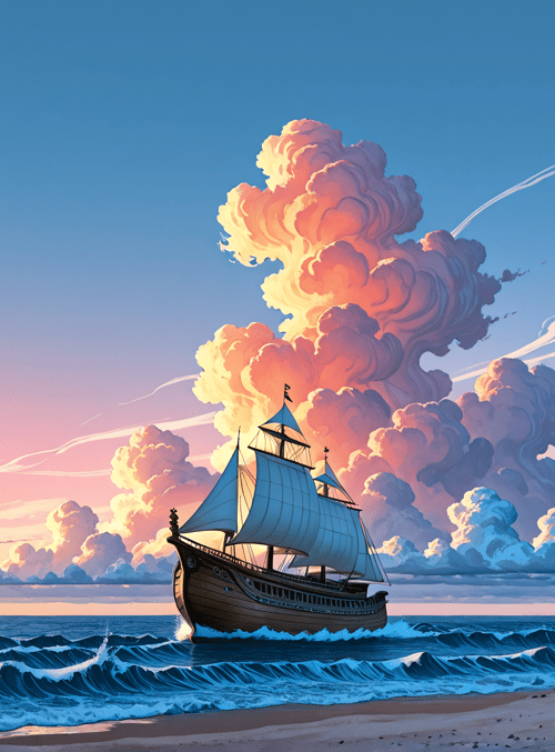 ship, ocean, sunset, clouds, beach, waves