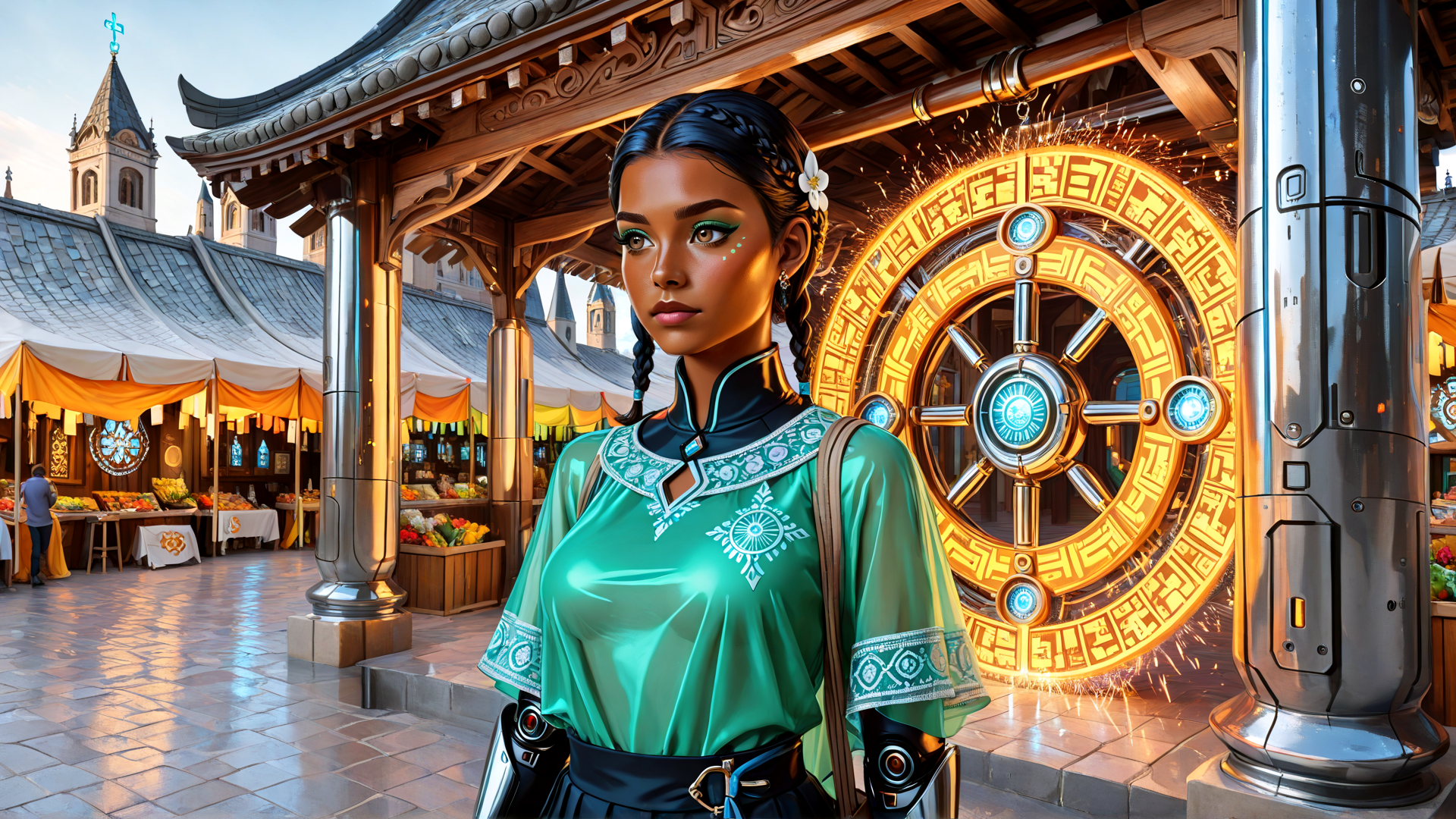 AI generated wallpaper featuring woman, market, gate, marketplace, building, cathedral, braid, flower, armour, wheel